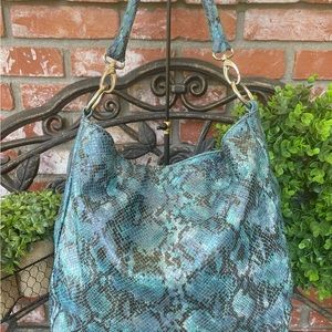 Rosanna Nichole Snakeskin Leather Slouch Shoulder Bag; Turquoise & Black W/Suede